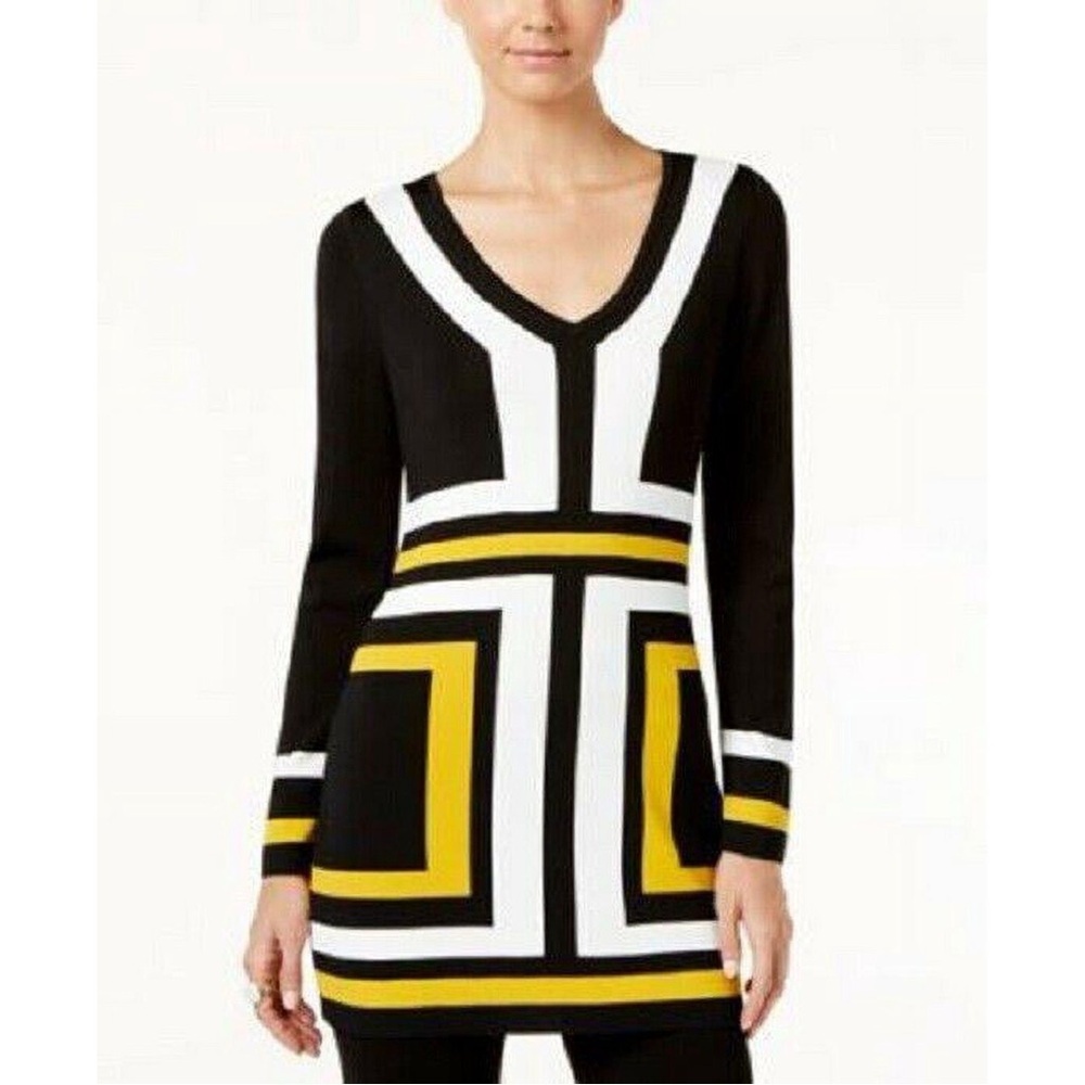INC International Concepts Black and Yellow Long Sleeve Dress